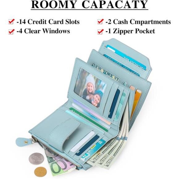 Small Women Wallet Genuine Leather RFID Blocking Bifold Zipper Pocket - Picture 2 of 6